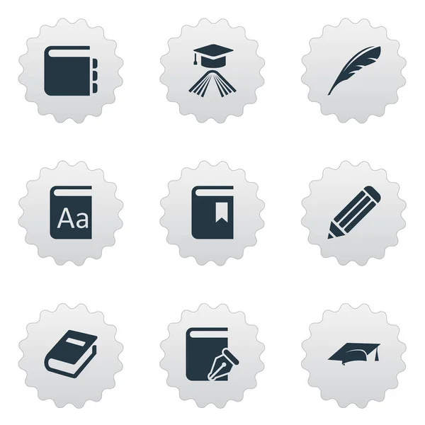 Vector illustratie Set van eenvoudige onderwijs iconen. Elementen afstuderen Hat, Notebook, academische GLB en andere synoniemen alfabet, Cap en academische. — Stockvector