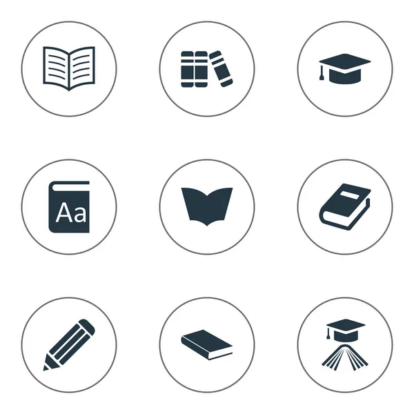 Vector illustratie Set van eenvoudige lezing iconen. Elementen afstuderen Hat, Pen, alfabet en andere synoniemen literatuur, Pen en academische. — Stockvector