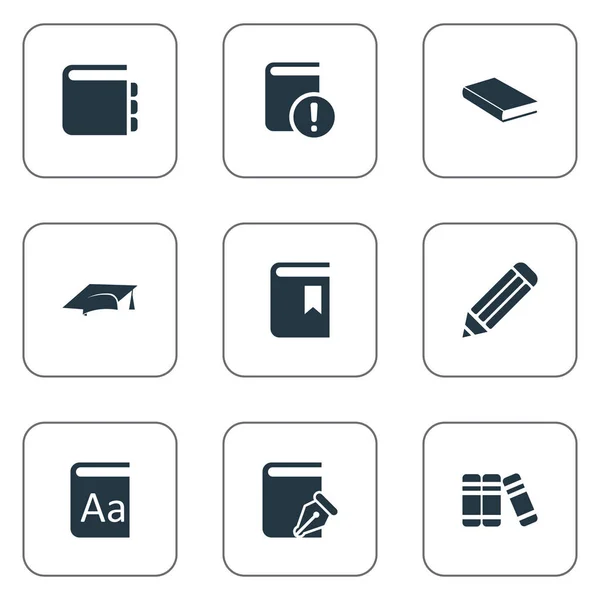 Vector illustratie Set van eenvoudige onderwijs iconen. Elementen academische Cap, alfabet, boekomslag en andere synoniemen Notebook, Bookmark en hoed. — Stockvector