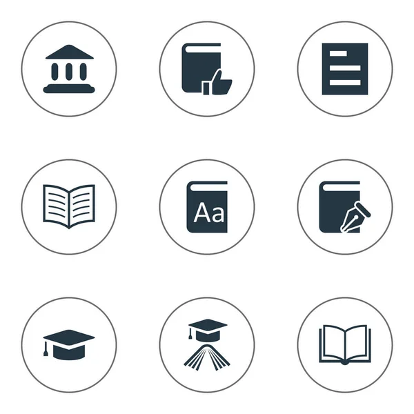 Vector Illustration Set of Simple Books Icons (en inglés). Elementos Alfabeto, Biblioteca, Cuaderno de bocetos y otros sinónimos Lectura, Favorito y Nota . — Archivo Imágenes Vectoriales