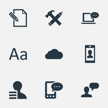 Vektör çizim basit bloglama simgeler kümesi. Öğeleri Laptop, tamir, bulutlu ve diğer eş yazma, kalem ve kazanç.