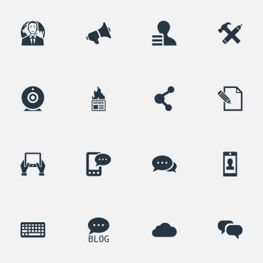 Vektör çizim basit bloglama simgeler kümesi. Öğeleri paylaşım, yayın, dedikodu ve diğer eş anlamlı mesaj kalem ve bulutlu.