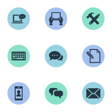 Vektör çizim basit bloglama simgeler kümesi. Öğeleri belge, not defteri, bağımsız değişken ve diğer eş anlamlı konuşma, dedikodu ve mesaj.