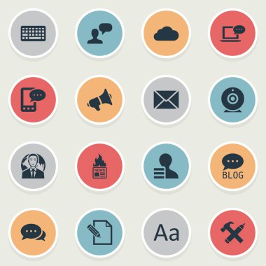 Vektör çizim basit kullanıcı simgeler kümesi. Öğeleri gazete, dizüstü bilgisayar, tuş takımı ve diğer eş anlamlı çekiç, alfabe ve sıcak.