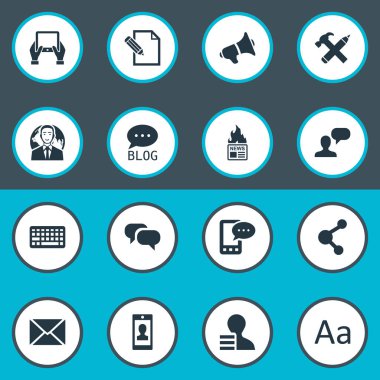 Vektör çizim basit bloglama simgeler kümesi. Öğeleri tamir, tuş takımı, gazete ve diğer eş anlamlı sözleşme Smartphone ve kazanç.