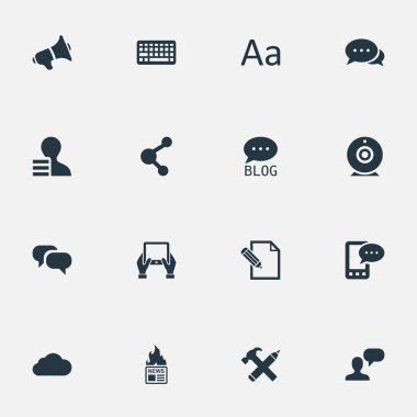 Vektör çizim basit kullanıcı simgeler kümesi. Öğeleri E-mektup, kazanç, hoparlör ve diğer eş anlamlı Laptop, gökyüzü ve E-mektup.