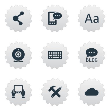 Vektör çizim basit bloglama simgeler kümesi. Öğeleri not defteri, çengel, tuş takımı ve diğer eş anlamlı çengel, kamera ve klavye.