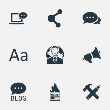 Vektör çizim basit kullanıcı simgeler kümesi. Öğeleri bağımsız değişkeni, dizüstü bilgisayar, uluslararası iş adamı ve diğer eş anlamlı Blog megafon ve ağ.