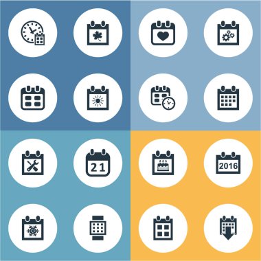 Vektör çizim basit Plan simgeler kümesi. Öğeleri Tarih bloğu, uyarı mektubu, özel gün ve diğer eş anlamlı tekerlek, kış ve yıllık.