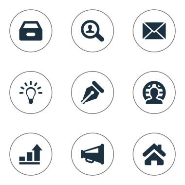 Vektör illüstrasyon iş basit simgeler kümesi. Öğeleri insan, ev, megafon ve diğer eş anlamlı kutusu, lamba ve artış.