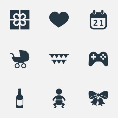 Vektör çizim basit doğum günü simgeler kümesi. Elements oyunu, ruh, rezonansa ve diğer eş anlamlı bebek arabası, çan ve parti.