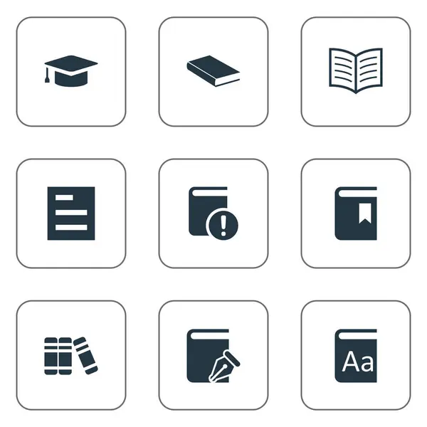 Vector illustratie Set van eenvoudige lezing iconen. Elementen Sketchbook, boekomslag, laptop en andere synoniemen afstuderen, bibliotheek en catalogus. — Stockvector