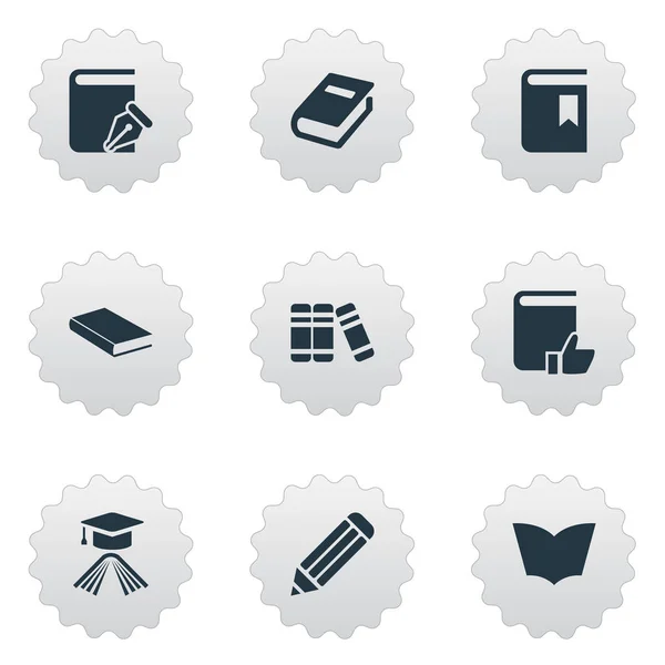 Vector illustratie Set van eenvoudige onderwijs iconen. Elementen Notebook, boekenplank, Afstudeer hoed en andere synoniemen schrijven, Notebook en Bookshelf. — Stockvector