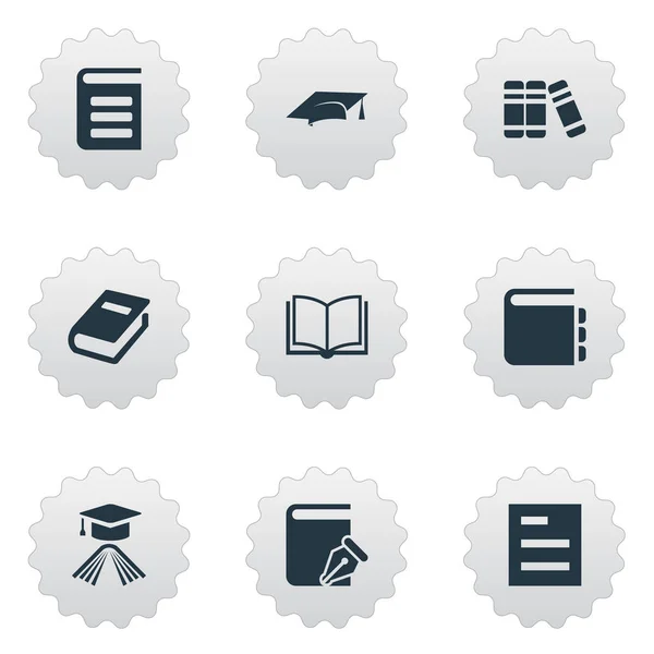 Vector illustratie Set van eenvoudige boeken iconen. Elementen Journal, schetsboek, Afstudeer hoed en andere synoniemen boekenplank, schetsboek en literatuur. — Stockvector