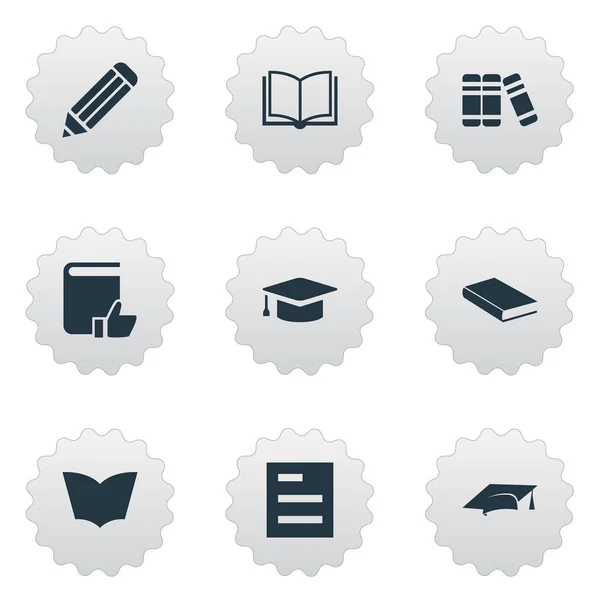Vector illustratie Set van eenvoudige kennis iconen. Elementen lezen, blanco Notebook, academische GLB en andere synoniemen Notebook, Journal en literatuur. — Stockvector