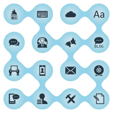 Vektör çizim basit bloglama simgeler kümesi. Öğeleri hoparlör, gazete, bağımsız değişken ve diğer eş anlamlı International, tezkere ve kalem.