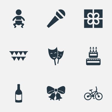 Vektör çizim basit tatil simgeler kümesi. Öğeleri konuşma, kutu, maske ve diğer eş anlamlı Bisiklet Jingle ve parti.