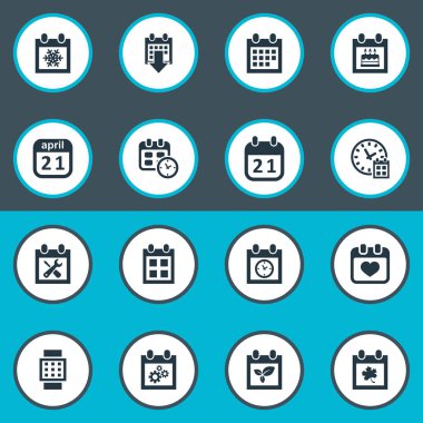 Vektör çizim basit Plan simgeler kümesi. Öğeleri hatırlatma, akıllı saat, kar tanesi ve diğer eş anlamlı kar tanesi, gün ve tekerlek.