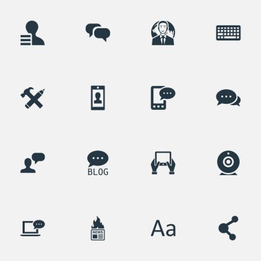 Vektör çizim basit bloglama simgeler kümesi. Öğeleri not defteri, tuş takımı, çengel ve diğer eş anlamlı not defteri, ağ ve Site.