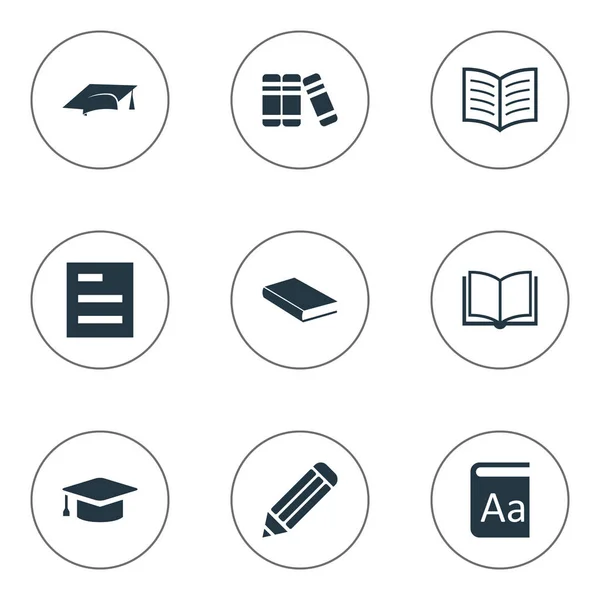 Vector illustratie Set van eenvoudige boeken iconen. Elementen Notebook, alfabet, Pen en andere synoniemen lijst boeken en hoed. — Stockvector