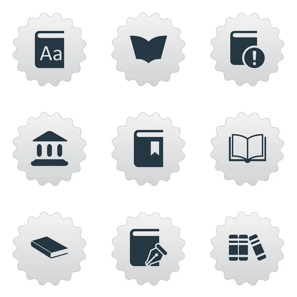 Vector illustratie Set van eenvoudige lezing iconen. Elementen Sketchbook, boekomslag, alfabet en andere synoniemen Journal, leerboek en woordenboek. — Stockvector