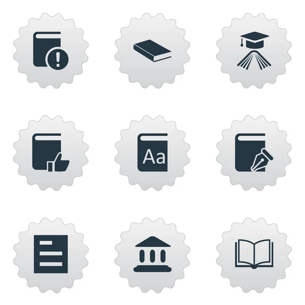 Vector illustratie Set van eenvoudige onderwijs iconen. Elementen alfabet, afstuderen hoed, belangrijke lezing en andere synoniemen Document, hoed en dagboek. — Stockvector