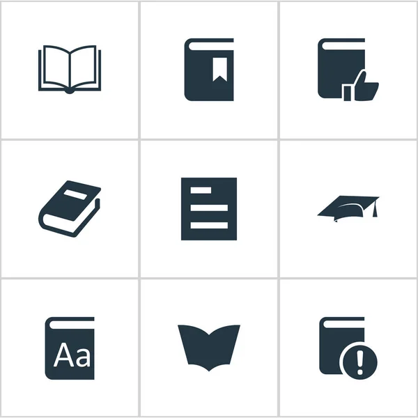 Vector illustratie Set van eenvoudige kennis iconen. Elementen blanco Notebook, laptop, academische GLB en andere synoniemen Notebook, aanbevolen en pagina. — Stockvector