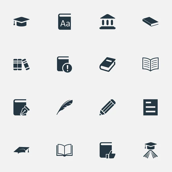 Vector illustratie Set van eenvoudige kennis iconen. Elementen academische Cap, bibliotheek, belangrijke lezing en andere synoniemen Academy, winkel en leeg. — Stockvector