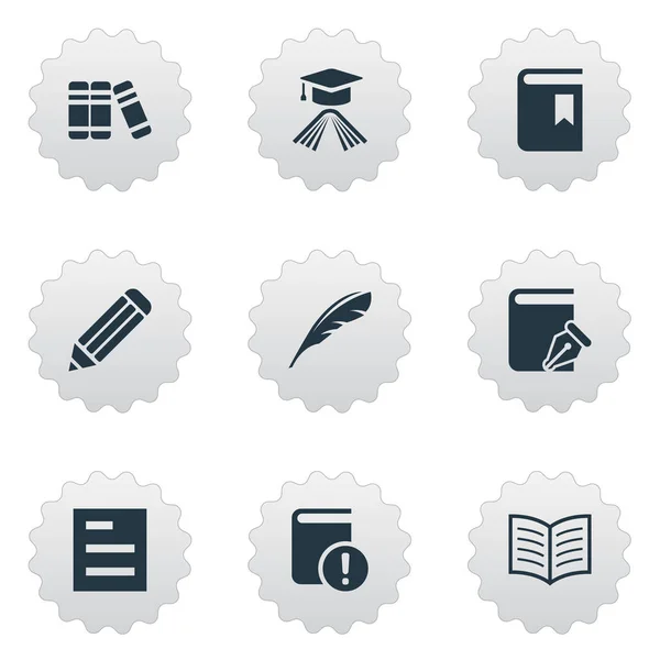 Vector illustratie Set van eenvoudige kennis iconen. Elementen boek pagina, boekenplank, pluim en andere academische synoniemen, lezen en Bookmark. — Stockvector