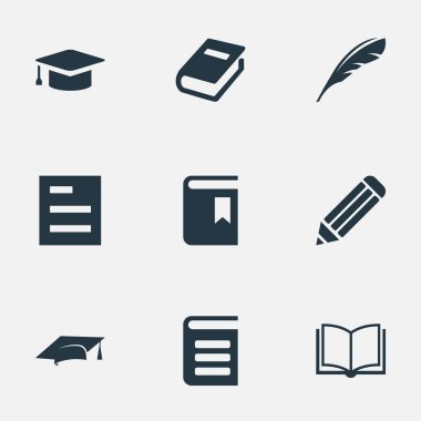 Vektör çizim basit okuma simgeler kümesi. Öğeleri Plume, ansiklopedi, boş defter ve diğer eş anlamlı dikkat, ansiklopedi ve kitap.