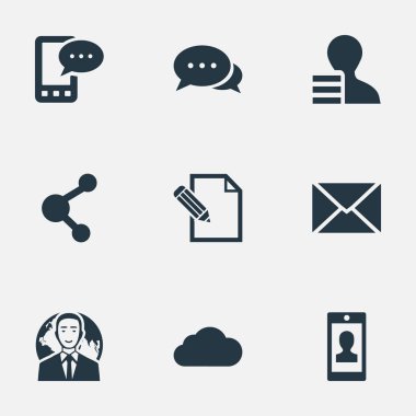 Vektör çizim basit bloglama simgeler kümesi. Öğeleri uluslararası işadamı, belge, bulutlu ve diğer eş anlamlı bulutlu, kalem ve müzakere.