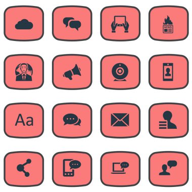 Vektör çizim basit bloglama simgeler kümesi. Öğeleri adam dikkate alınarak, yayın, bulutlu ve diğer eş anlamlı konuşma, haber ve kar.