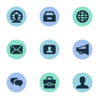 Vektör illüstrasyon iş basit simgeler kümesi. Öğeleri dünya, insan, gelen kutusu ve diğer eş anlamlı kullanıcı kutusu ve dosya.