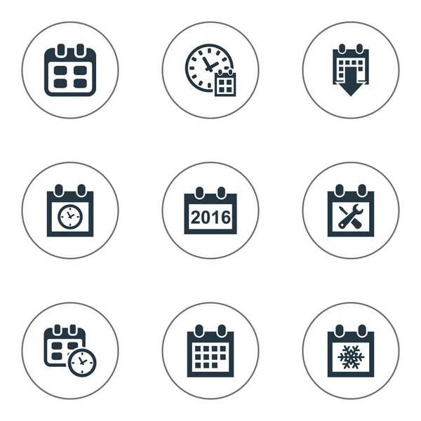 Illustrazione vettoriale Set di icone semplice data. Elementi Fiocco di neve, Calendario 2016, Eventi e altre sinonimi Agenda, Tempo e blocco . — Vettoriale Stock
