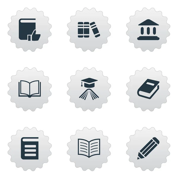 Vector illustratie Set van eenvoudige lezing iconen. Elementen Pen, encyclopedie, lege Notebook en andere synoniemen boekenplank, hoed en favoriet. — Stockvector