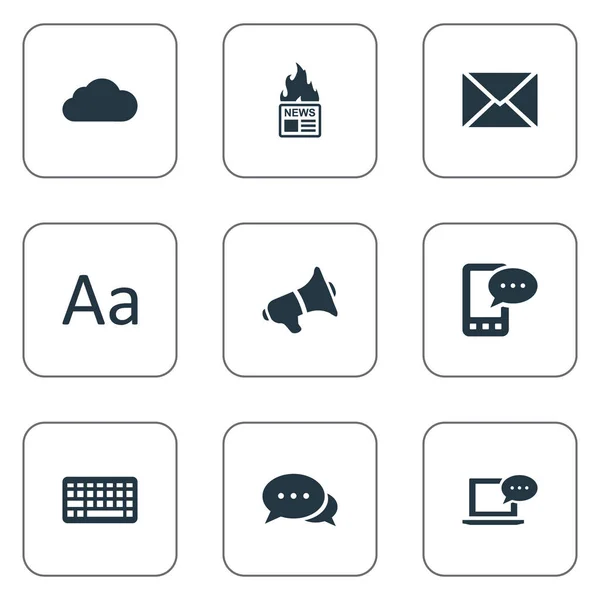 Illustration vectorielle Ensemble d'icônes utilisateur simples. Eléments ordinateur portable, haut-parleur, Cedilla et autres synonymes ordinateur portable, alphabet et haut-parleur . — Image vectorielle