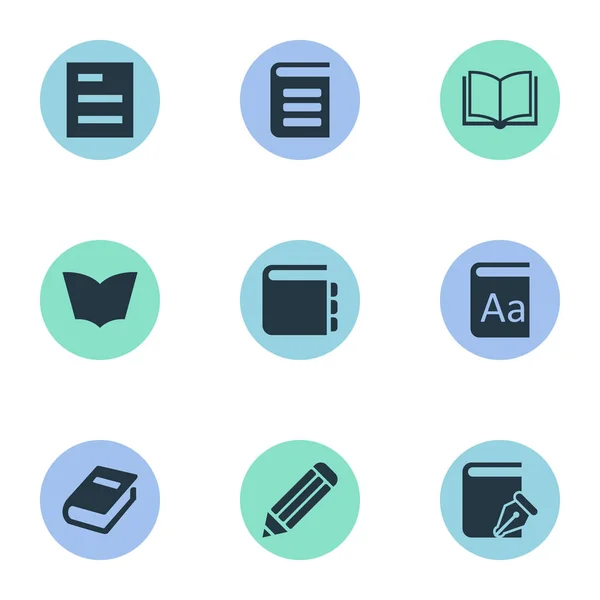 Vector illustratie Set van eenvoudige kennis iconen. Elementen alfabet, Tasklist, lege Notebook en andere synoniemen encyclopedie, boek en schetsboek. — Stockvector