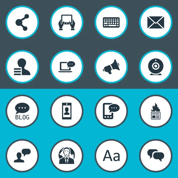 Vector illustratie Set van eenvoudige Blogging iconen. Elementen profiel, uitzending, Gazette en andere internationale organisaties, synoniemen, Tablet en delen. — Stockvector