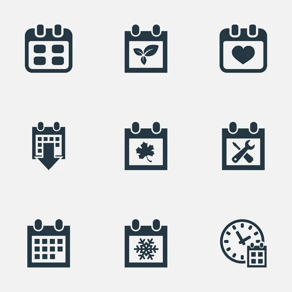 Vector illustratie Set van Simple Plan iconen. Elementen hart, datum blok, Plant en andere synoniemen herinnering, geschiedenis en tijd. — Stockvector