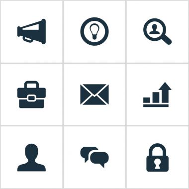 Vektör çizim basit bir iş simgeler kümesi. Öğeleri Büyüteç, anonim, ampul ve sohbet korumalı, diğer eş ve dağıtım.