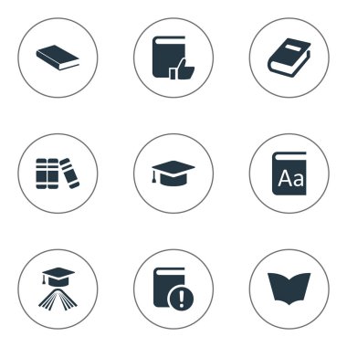 Vektör çizim basit kitap simgeler kümesi. Öğeleri alfabesi, mezuniyet şapka, kitaplık ve diğer eş anlamlı sözlük alfabesi ve şapka.