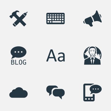 Vektör çizim basit bloglama simgeler kümesi. Öğeleri sitesi, bulutlu, E-mektup ve diğer eş anlamlı Globe, hoparlör ve tuş takımı.