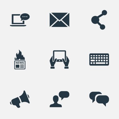 Vektör çizim basit bloglama simgeler kümesi. Öğeleri tuş takımı, gazete, dedikodu ve diğer eş anlamlı Haberler, konuşma ve megafon.