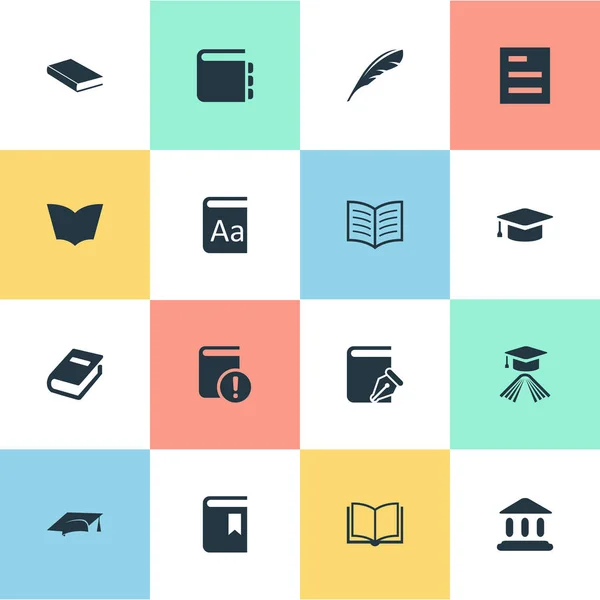 Vektor Illustration uppsättning enkel läsning ikoner. Element boka omslag, examen hatt, Plume och andra synonymer bokmärke, skissbok och läsning. — Stock vektor