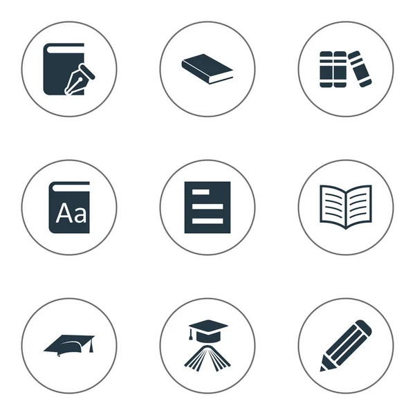 Vector illustratie Set van eenvoudige boeken iconen. Elementen afstuderen Hat, boekenplank, Pen en de Pen van andere synoniemen, literatuur en Document. — Stockvector