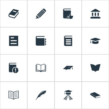 Vektör çizim basit okuma simgeler kümesi. Elemanları Kütüphane, defter, ansiklopedi ve diğer eş anlamlı Quill, kitap ve şapka.