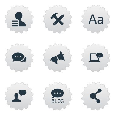 Vektör çizim basit kullanıcı simgeler kümesi. Öğeleri adam dikkate alınarak, Laptop, paylaşım ve diğer eş anlamlı hoparlör, çekiç ve ilişkisi.