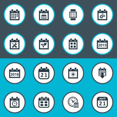 Vektör çizim basit zaman simgeler kümesi. Öğeleri anma, yenileme araçları, olay ve diğer eş anlamlı son tarih, anma ve tekerlek.