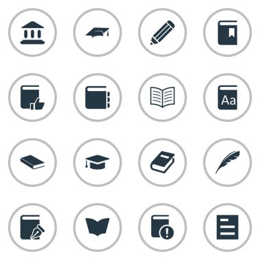 Vektör çizim basit kitap simgeler kümesi. Öğeleri Plume, Tasklist, alfabe ve diğer eş anlamlı şapka, kalem ve defter.