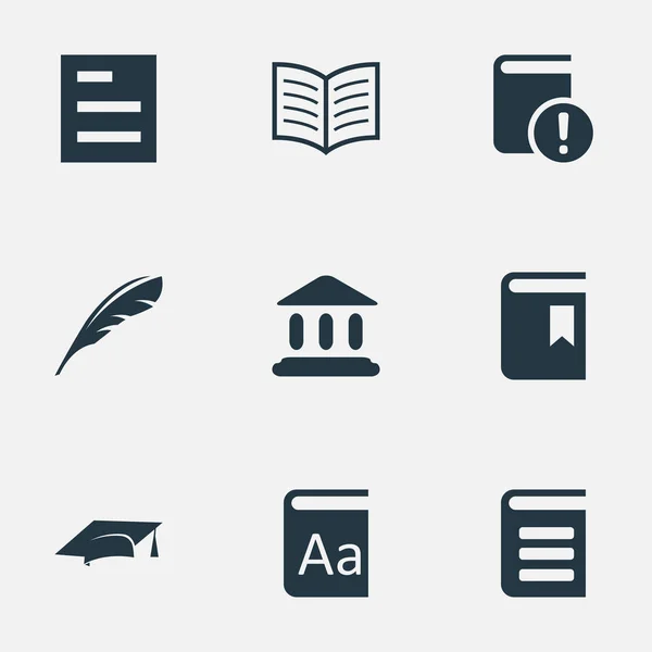 Vector illustratie Set van eenvoudige boeken iconen. Elementen bibliotheek, encyclopedie, belangrijke lezing en andere synoniemen veer, alfabet en afstuderen. — Stockvector
